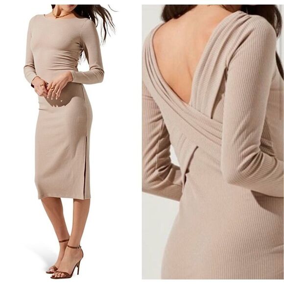ASTR The Label Nude Cross Back Ribbed Midi Dress size M Tan Long Sleeve - Picture 1 of 9